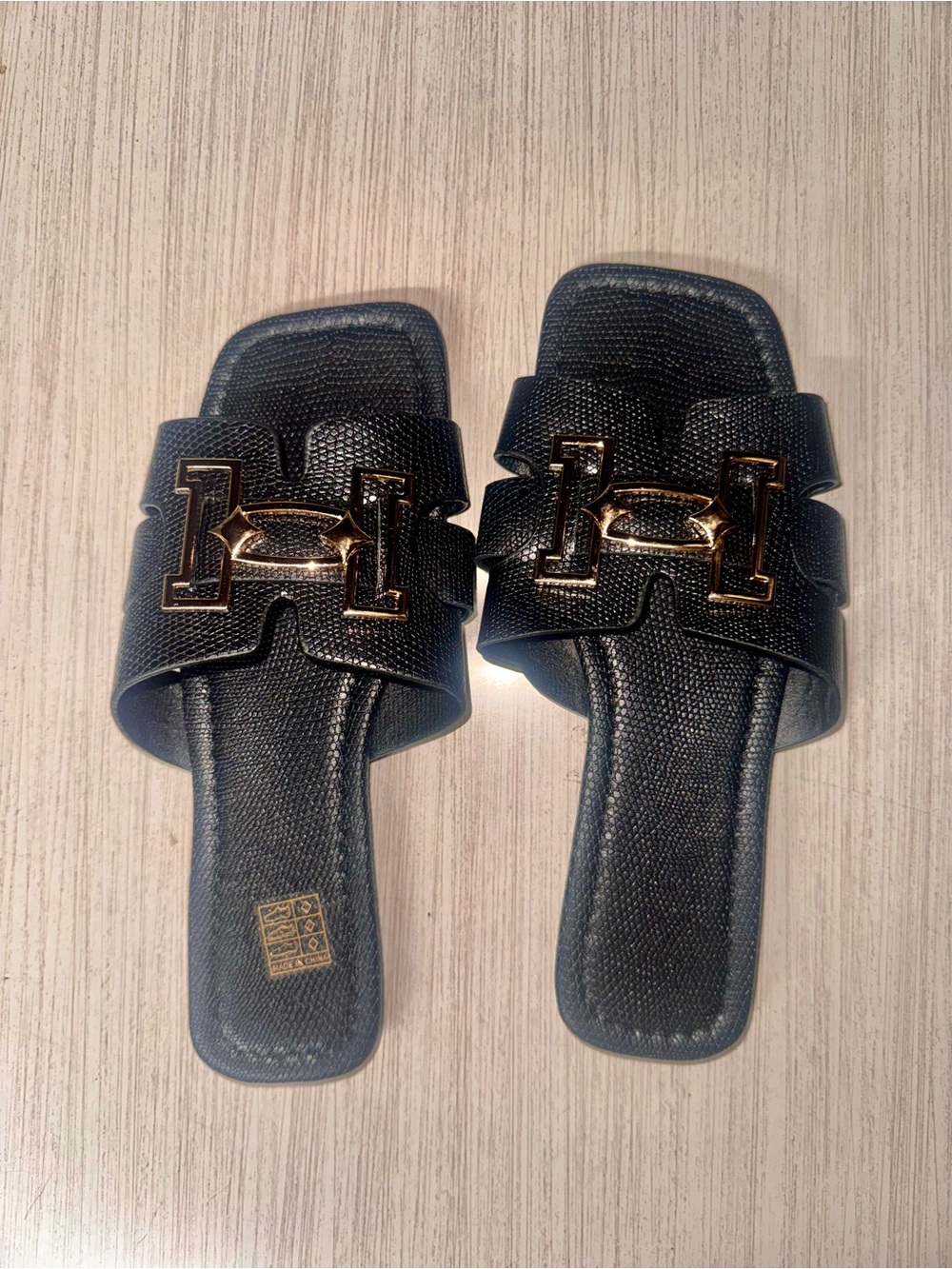 Black Slide Sandals with Gold Hardware - women’s Fashion Slides - Picture 1 of 3